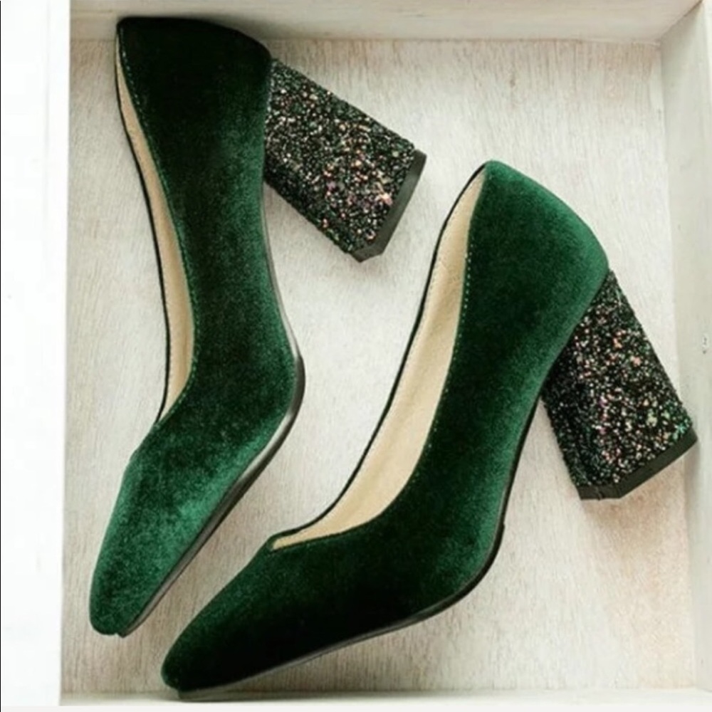Velvet Sparkle Chunky Heel Holiday Pumps 3 Colors - Picture 1 of 8